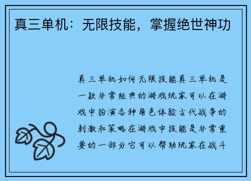 真三单机：无限技能，掌握绝世神功