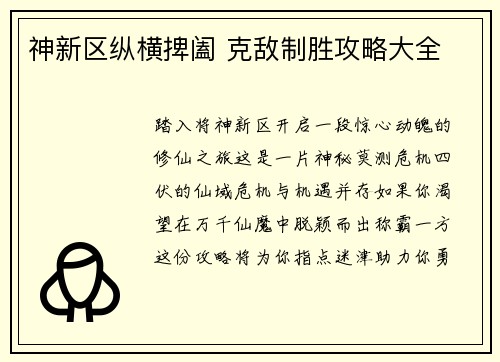 神新区纵横捭阖 克敌制胜攻略大全